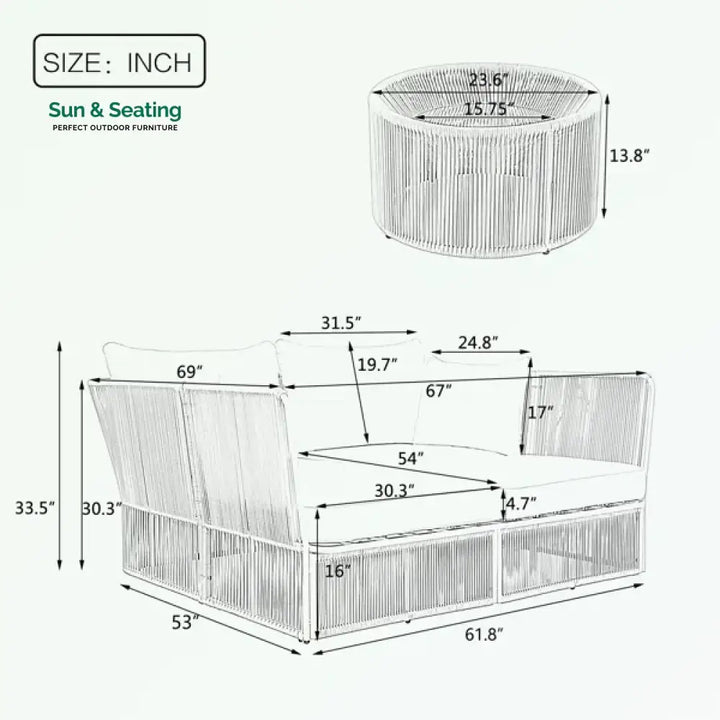 Benito Outdoor Poolside Sunbed With Cushion Daybed And Side Table (Braided &amp; Rope) Sunbed