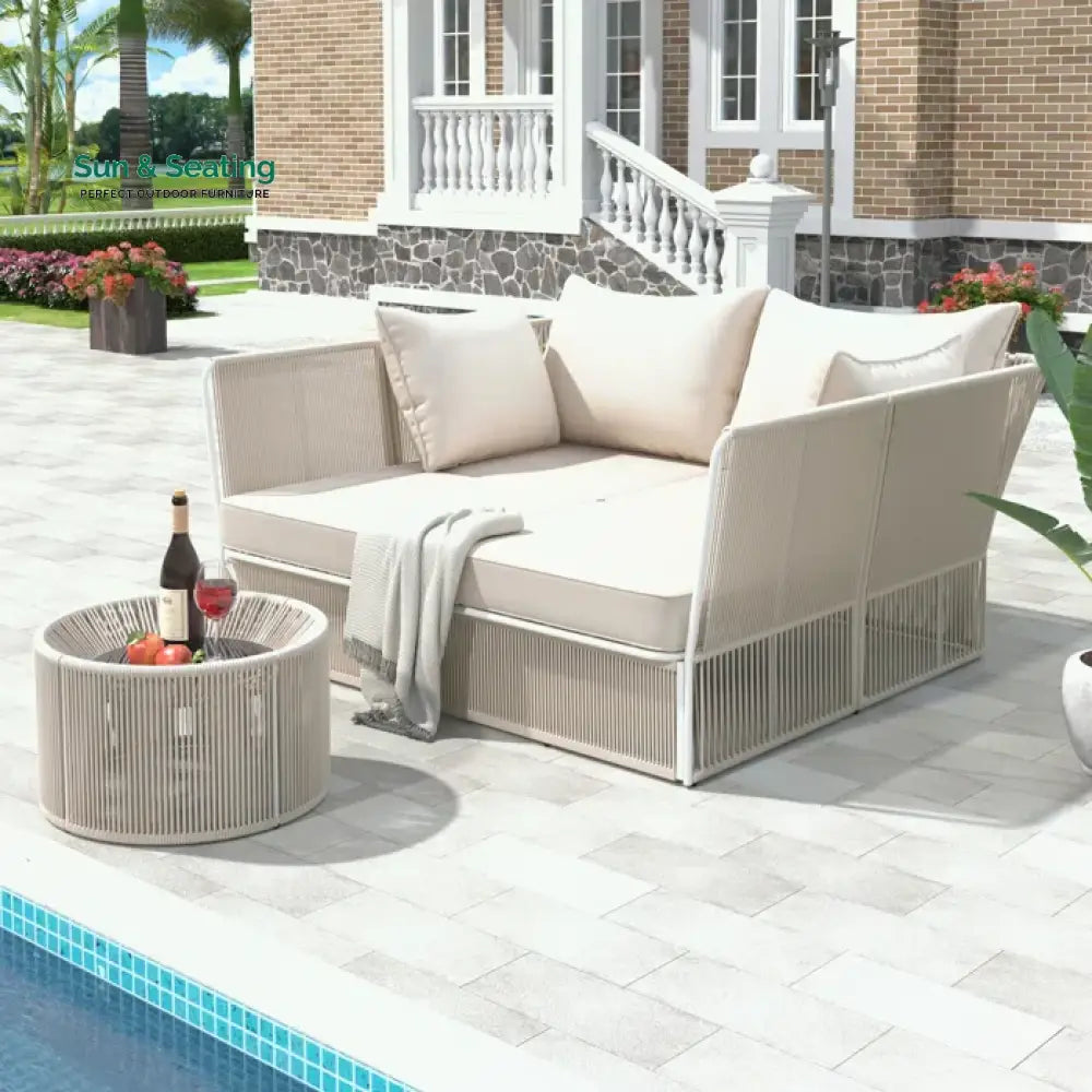 Benito Outdoor Poolside Sunbed With Cushion Daybed And Side Table (Braided &amp; Rope) Sunbed