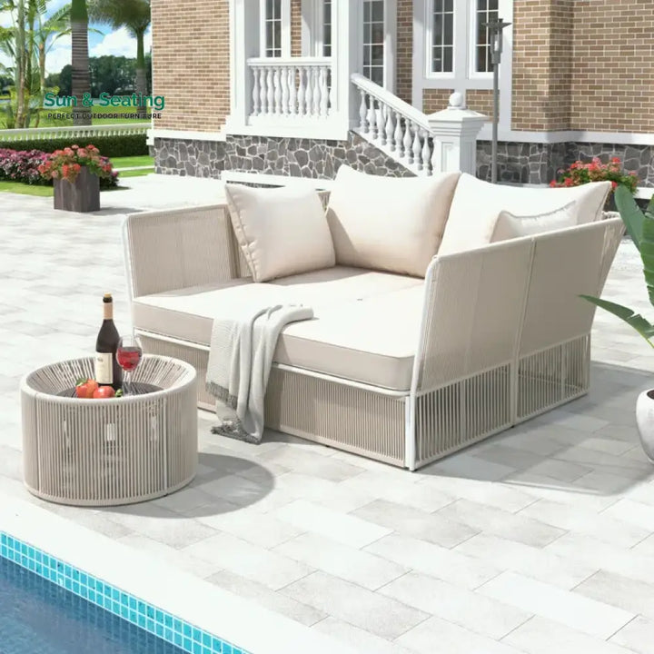 Benito Outdoor Poolside Sunbed With Cushion Daybed And Side Table (Braided &amp; Rope) Sunbed