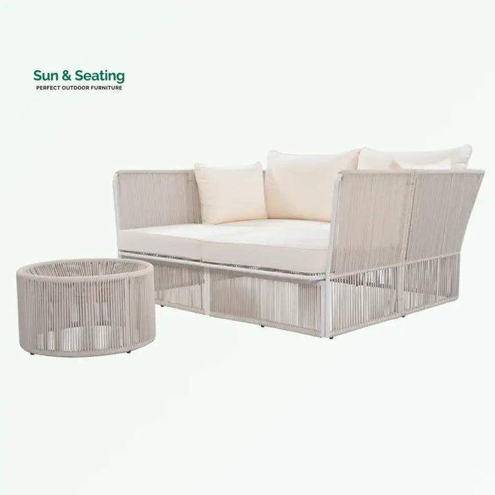 Benito Outdoor Poolside Sunbed With Cushion Daybed And Side Table (Braided &amp; Rope) Sunbed