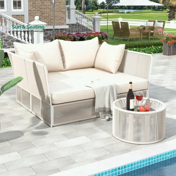 Benito Outdoor Poolside Sunbed With Cushion Daybed And Side Table (Braided &amp; Rope) Sunbed