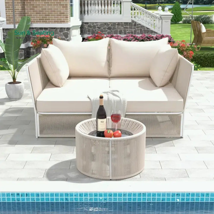 Benito Outdoor Poolside Sunbed With Cushion Daybed And Side Table (Braided &amp; Rope) Beige Sunbed