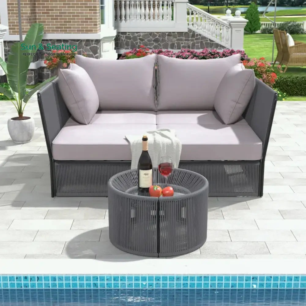 Benito Outdoor Poolside Sunbed With Cushion Daybed And Side Table (Braided &amp; Rope) Grey Sunbed