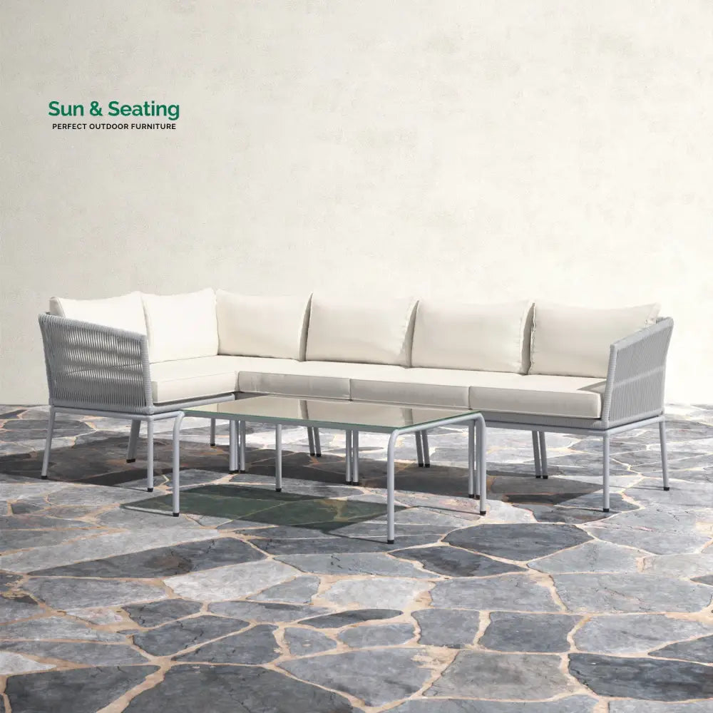 Berri Outdoor Garden Balcony Sofa Set 5 Seater and 1 Center Table Set Braid & Rope (Grey) Sofa Sets