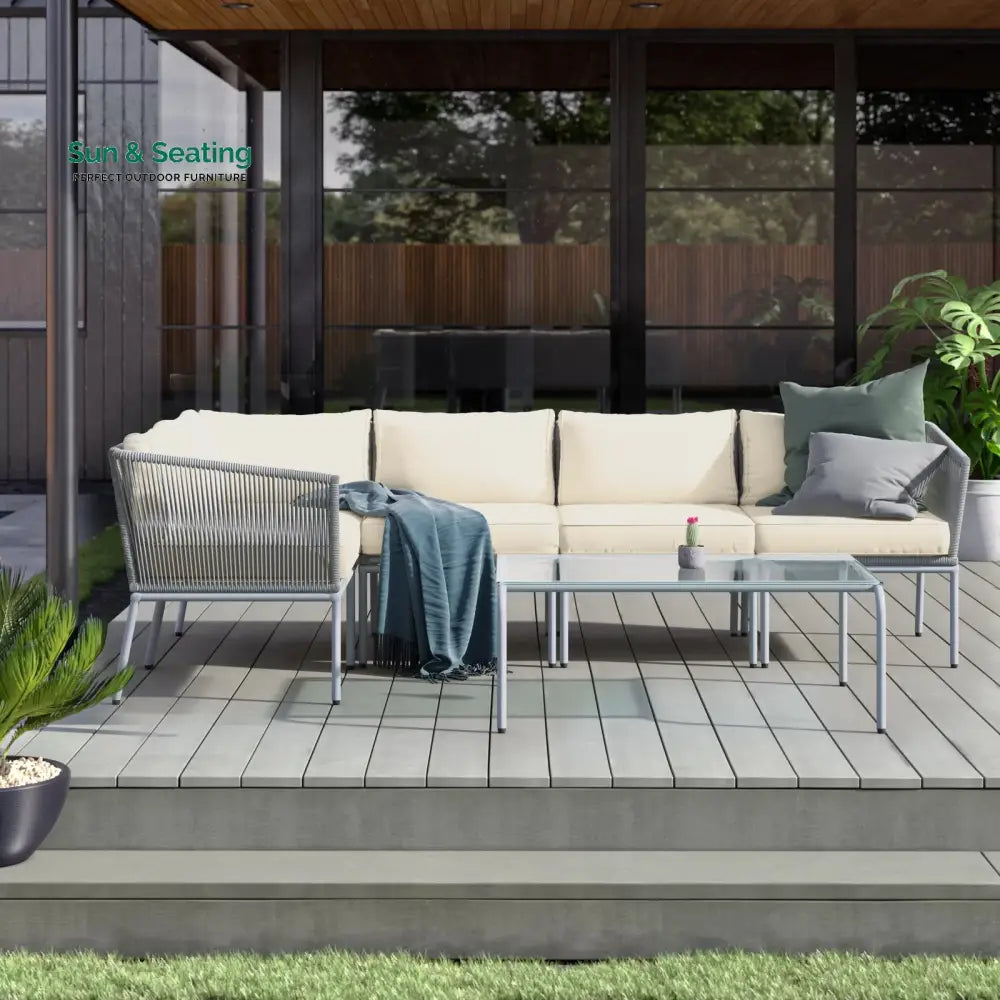 Berri Outdoor Garden Balcony Sofa Set 5 Seater and 1 Center Table Set Braid & Rope (Grey) Sofa Sets