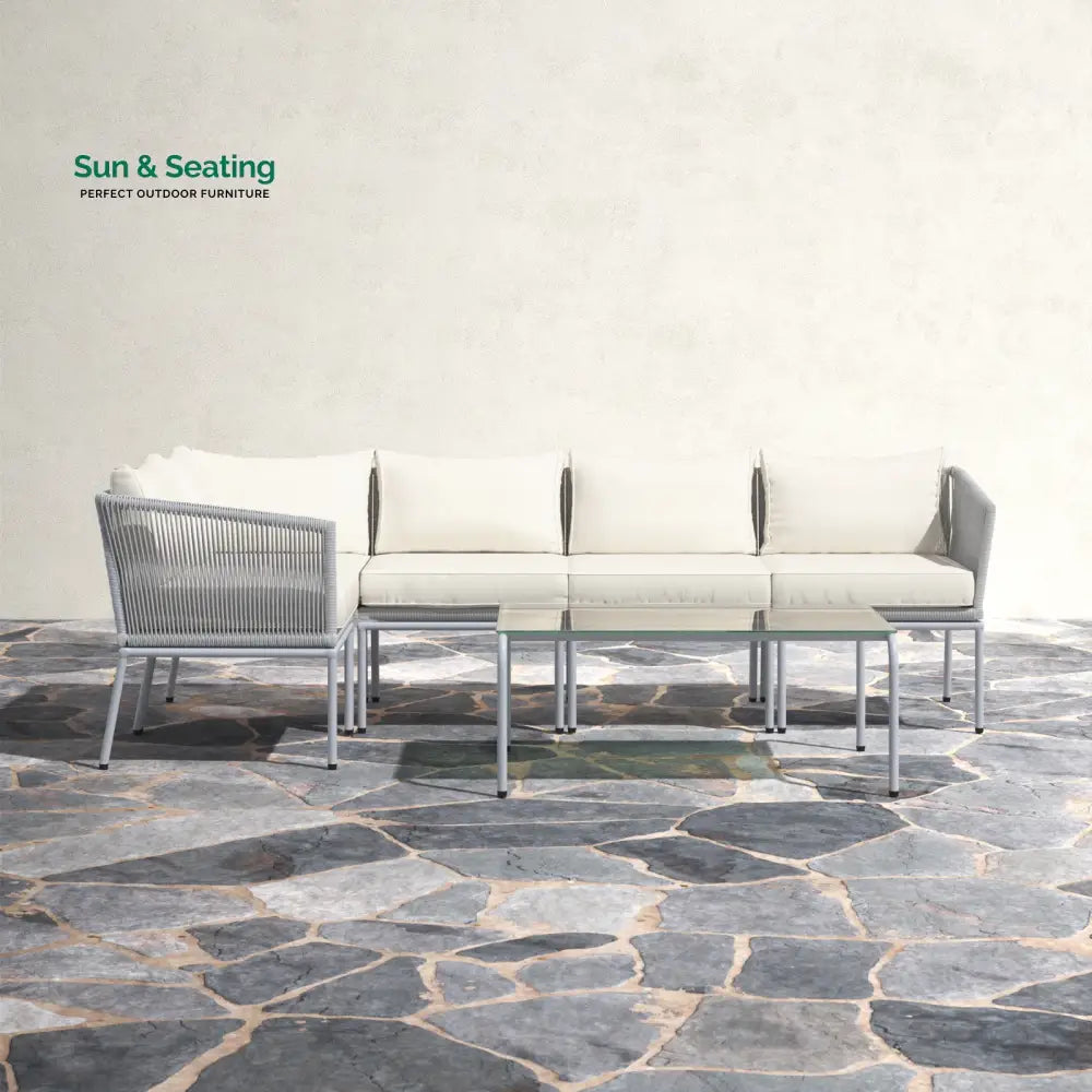 Berri Outdoor Garden Balcony Sofa Set 5 Seater and 1 Center Table Set Braid & Rope (Grey) Sofa Sets