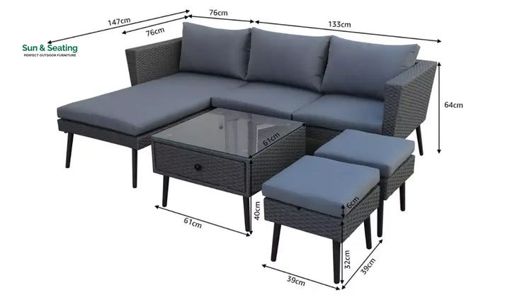 Bettino Outdoor Sofa Set 4 Seater 2 Single seat and 1 Center Table (Black + Grey) Outdoor Furniture Sets