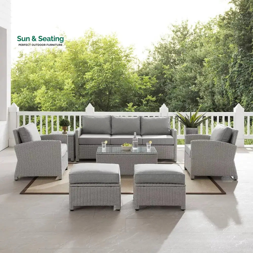 Bien Outdoor Garden Balcony Sofa Set 3 Seater 2 Single seater 2 Ottoman and 1 Center Table Conversation Set (Grey) Sofa