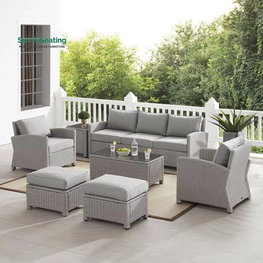Bien Outdoor Garden Balcony Sofa Set 3 Seater 2 Single seater 2 Ottoman and 1 Center Table Conversation Set (Grey) Sofa