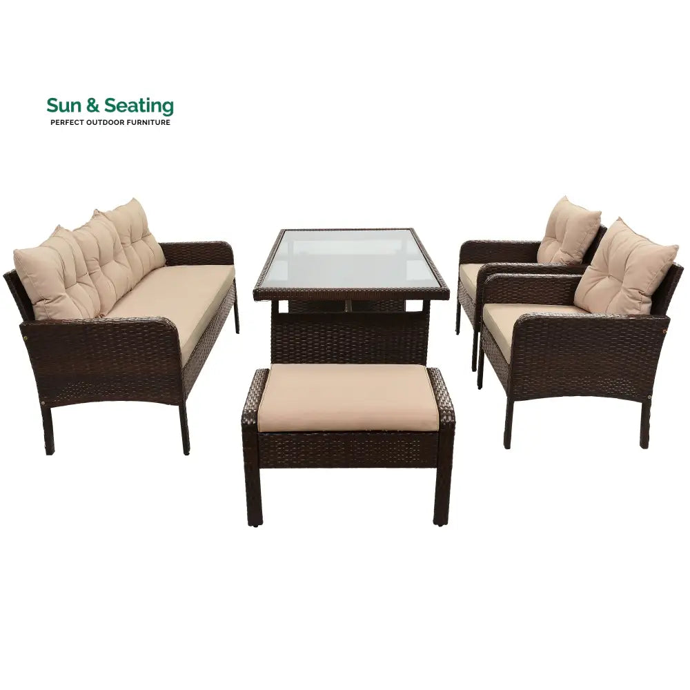 BienMate Outdoor Garden Balcony Sofa Set 3 Seater 2 Single seater 2 Ottoman and 1 Center Table Conversation Set (White