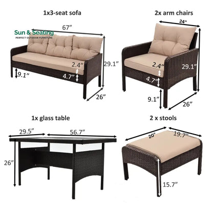 BienMate Outdoor Garden Balcony Sofa Set 3 Seater 2 Single seater 2 Ottoman and 1 Center Table Conversation Set (White