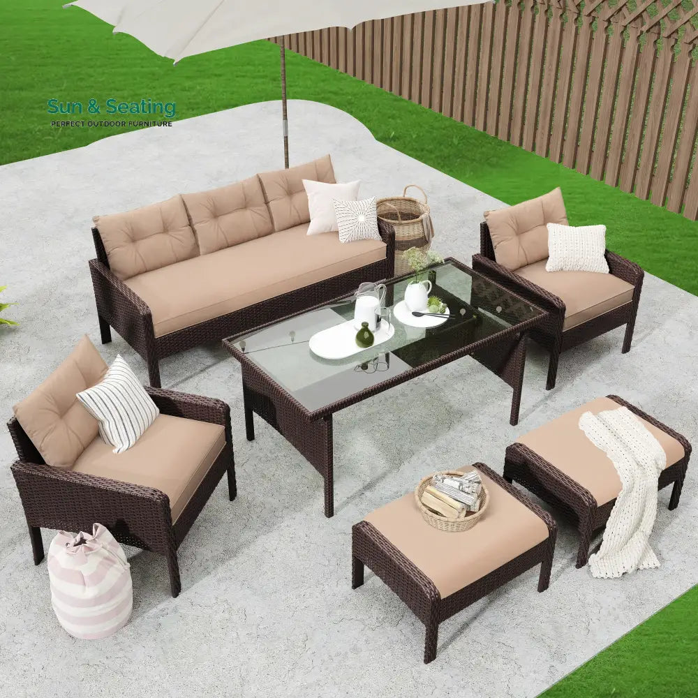 BienMate Outdoor Garden Balcony Sofa Set 3 Seater 2 Single seater 2 Ottoman and 1 Center Table Conversation Set (White