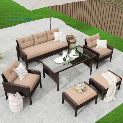 BienMate Outdoor Garden Balcony Sofa Set 3 Seater 2 Single seater 2 Ottoman and 1 Center Table Conversation Set (White