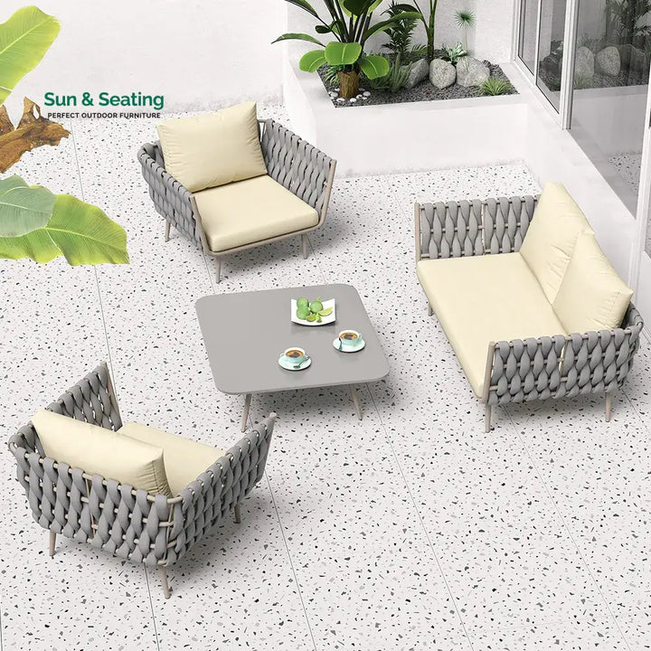 Bifrox Outdoor Garden Balcony Sofa Set 2 Seater 2 Single seater and 1 Center Table Set Braid &amp; Rope (Beige + Grey) Sofa