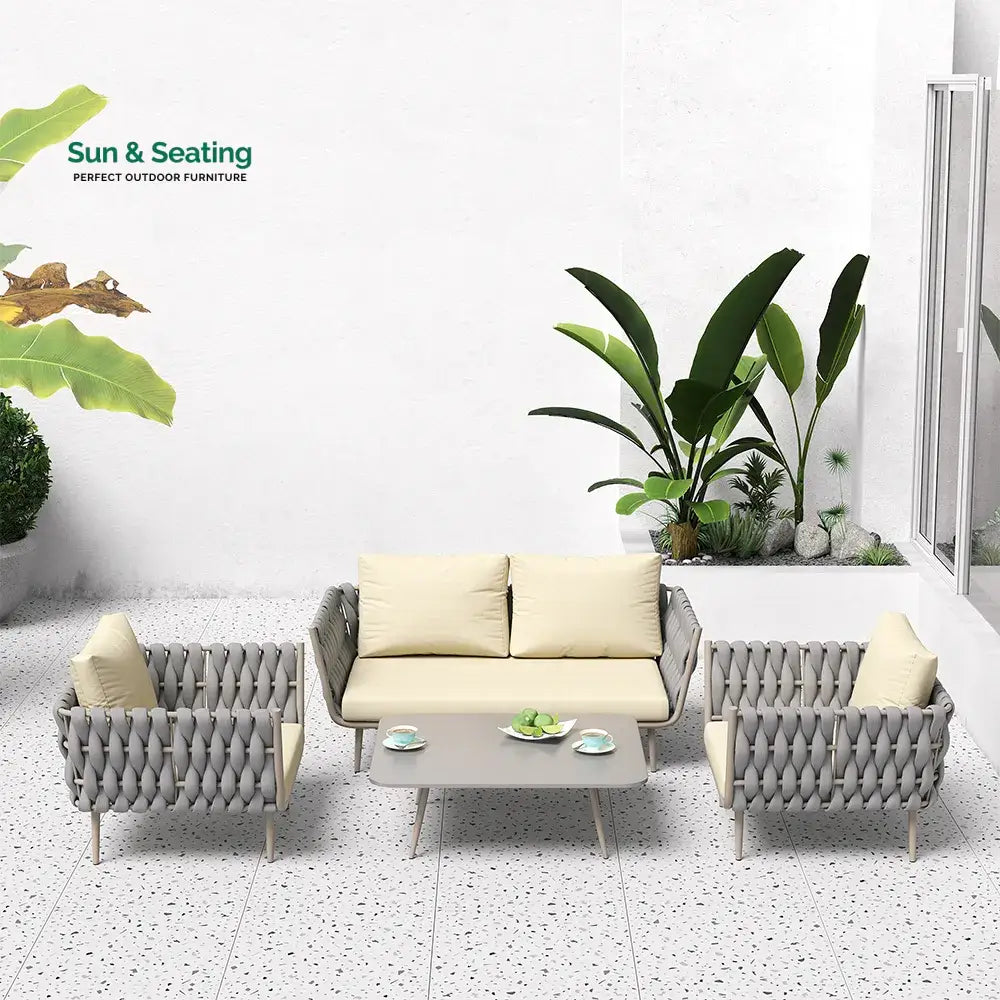 Bifrox Outdoor Garden Balcony Sofa Set 2 Seater 2 Single seater and 1 Center Table Set Braid &amp; Rope (Beige + Grey) Sofa