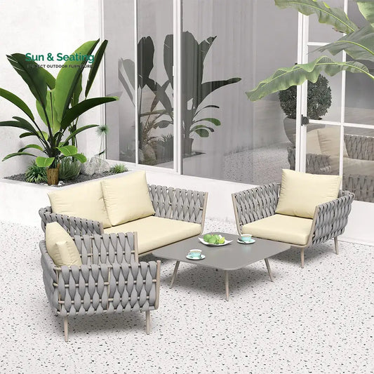 Bifrox Outdoor Garden Balcony Sofa Set 2 Seater 2 Single seater and 1 Center Table Set Braid & Rope (Beige + Grey) Sofa