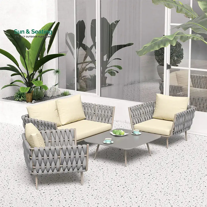 Bifrox Outdoor Garden Balcony Sofa Set 2 Seater 2 Single seater and 1 Center Table Set Braid &amp; Rope (Beige + Grey) Sofa