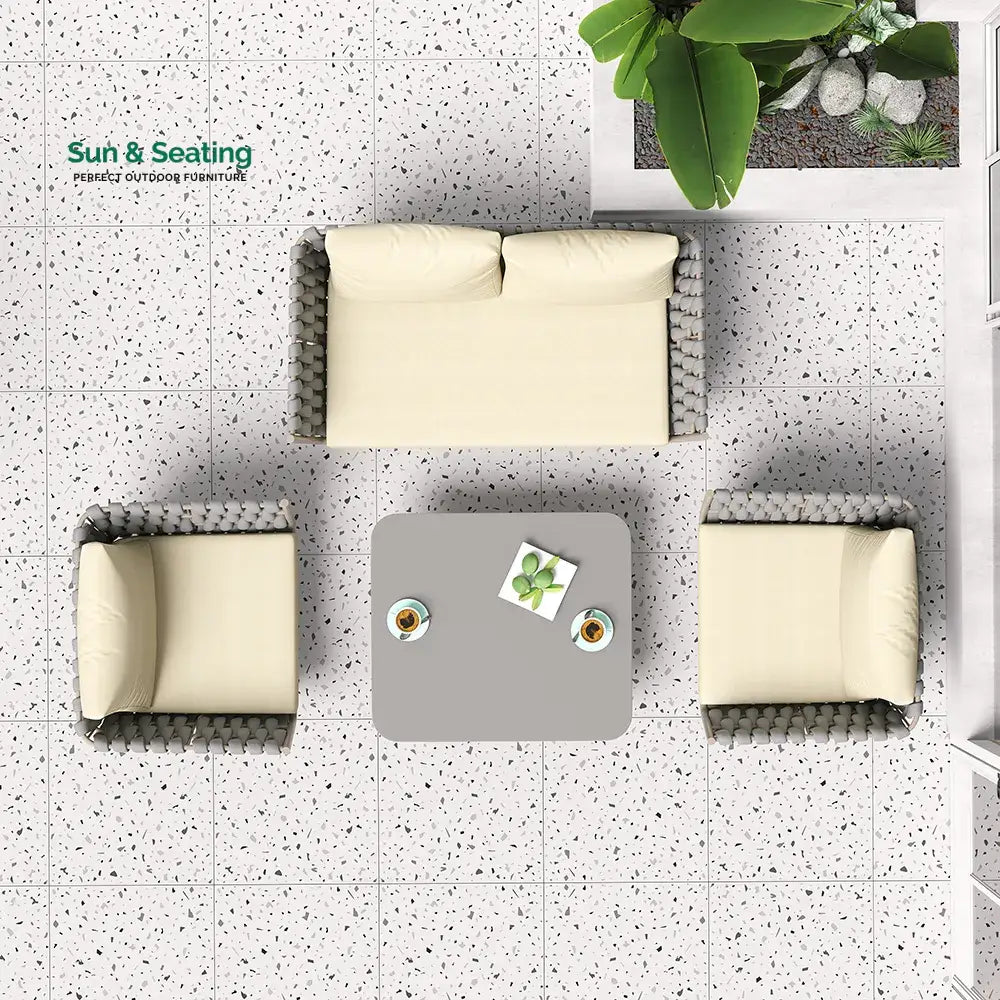 Bifrox Outdoor Garden Balcony Sofa Set 2 Seater 2 Single seater and 1 Center Table Set Braid &amp; Rope (Beige + Grey) Sofa
