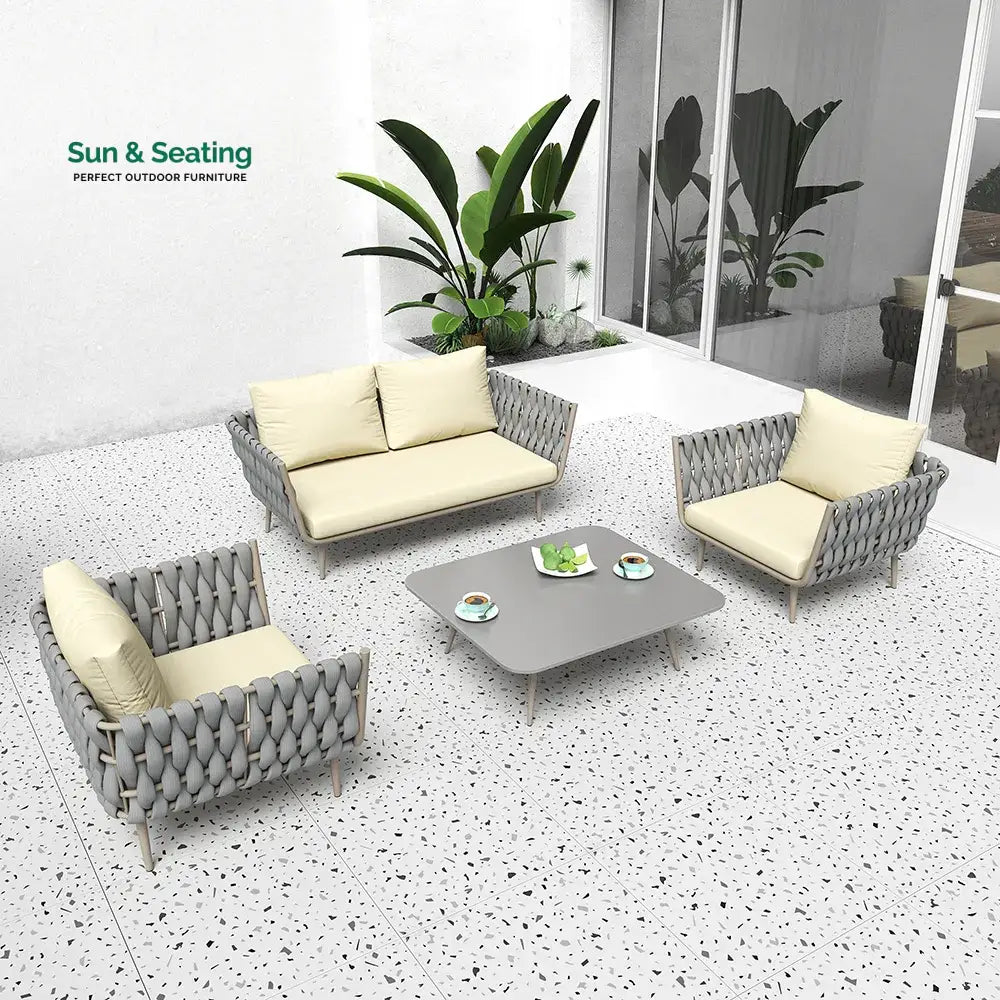 Bifrox Outdoor Garden Balcony Sofa Set 2 Seater 2 Single seater and 1 Center Table Set Braid &amp; Rope (Beige + Grey) Sofa