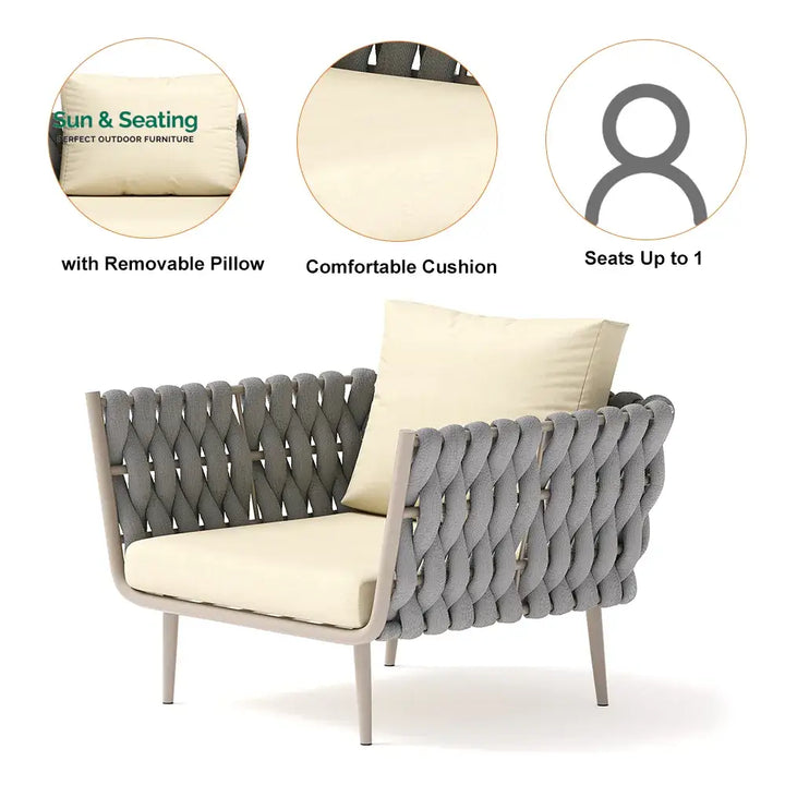 Bifrox Outdoor Garden Balcony Sofa Set 2 Seater 2 Single seater and 1 Center Table Set Braid &amp; Rope (Beige + Grey) Sofa
