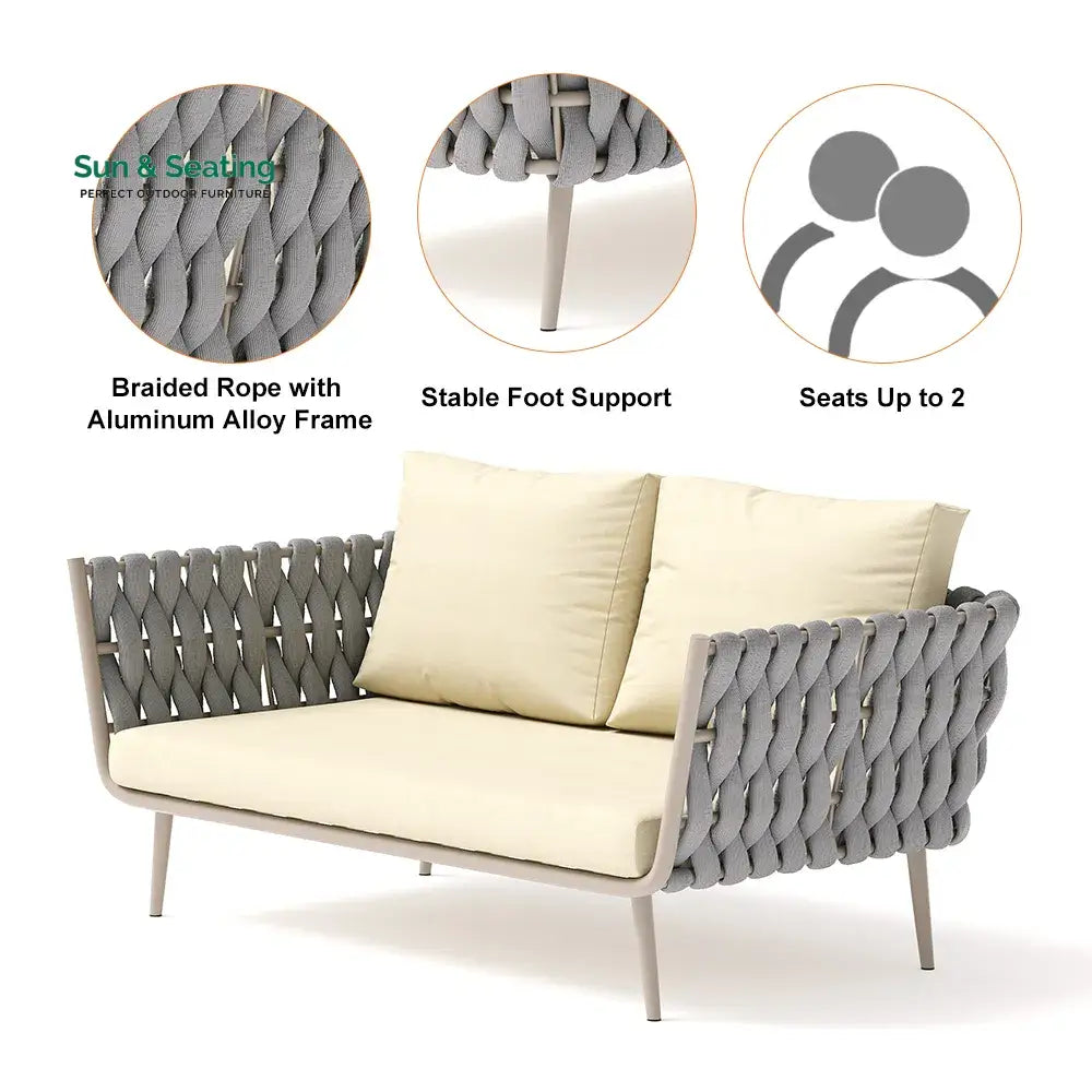 Bifrox Outdoor Garden Balcony Sofa Set 2 Seater 2 Single seater and 1 Center Table Set Braid &amp; Rope (Beige + Grey) Sofa