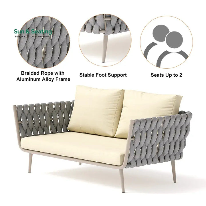 Bifrox Outdoor Garden Balcony Sofa Set 2 Seater 2 Single seater and 1 Center Table Set Braid &amp; Rope (Beige + Grey) Sofa