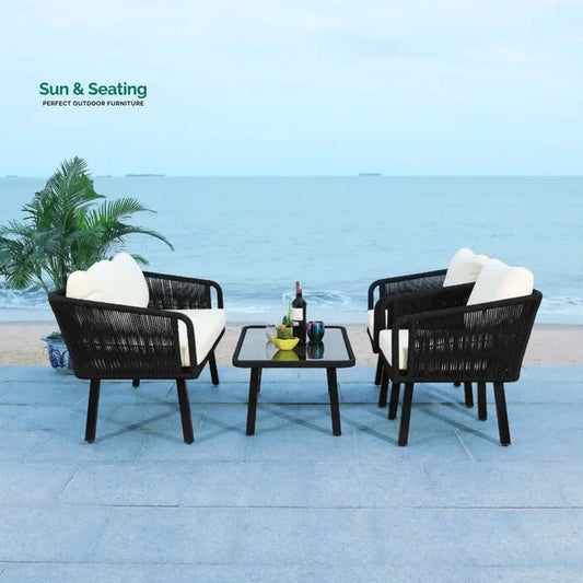 Blaise Outdoor Garden Balcony Sofa Set 2 Seater 2 Single seater and 1 Center Table Set (Black) Braided and Rope. Sofa
