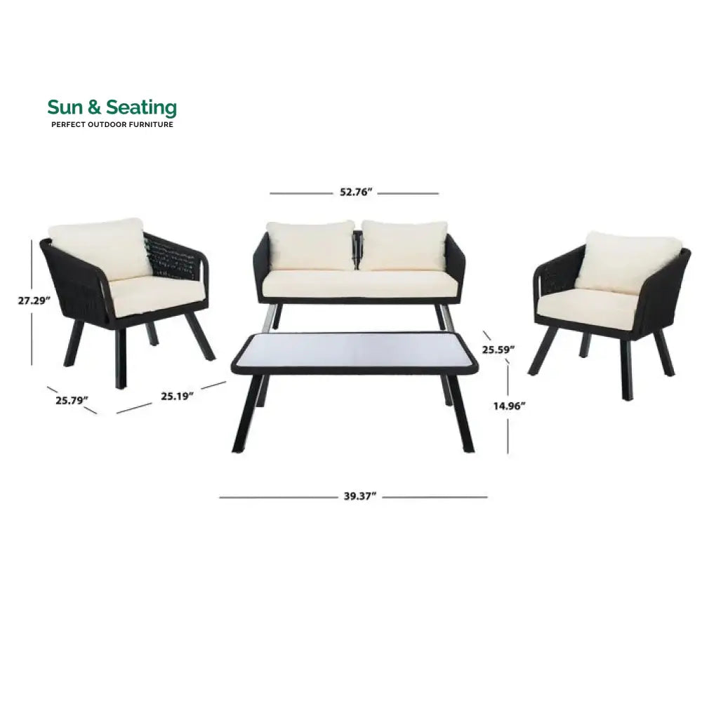 Blaise Outdoor Garden Balcony Sofa Set 2 Seater 2 Single seater and 1 Center Table Set (Black) Braided and Rope. Sofa