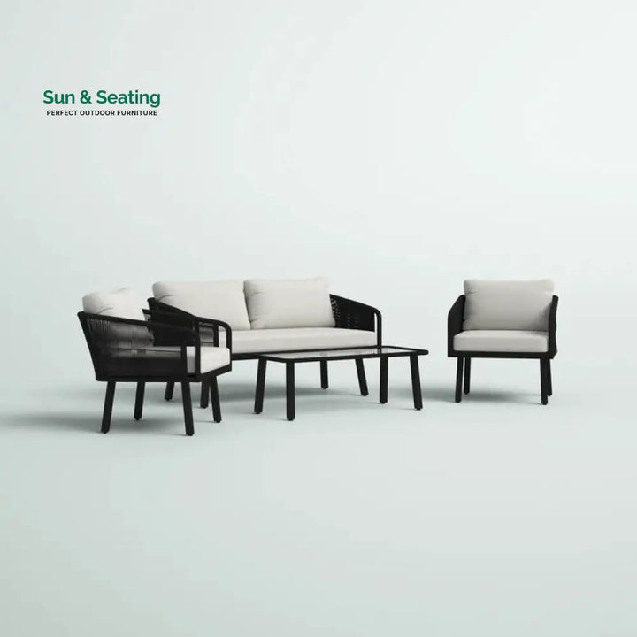 Blaise Outdoor Garden Balcony Sofa Set 2 Seater 2 Single seater and 1 Center Table Set (Black) Braided and Rope. Sofa