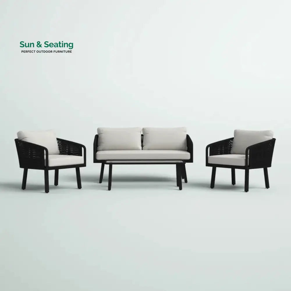 Blaise Outdoor Garden Balcony Sofa Set 2 Seater 2 Single seater and 1 Center Table Set (Black) Braided and Rope. Sofa
