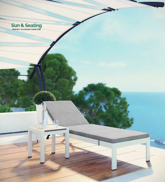 Bright Outdoor Swimming Poolside Lounger With 1 Side Table (White) Grey Loungers