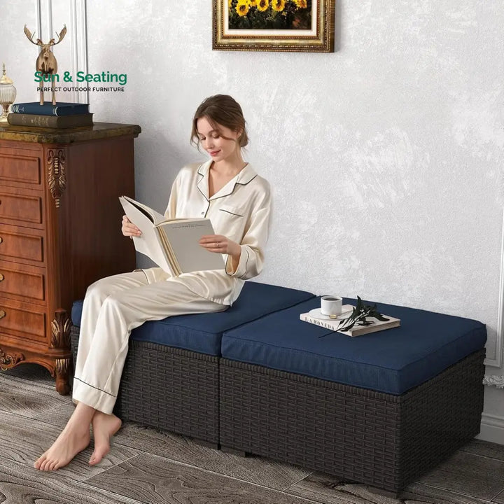 Brigitte Outdoor Rattan Wicker 2-Piece Ottoman Set Footrest