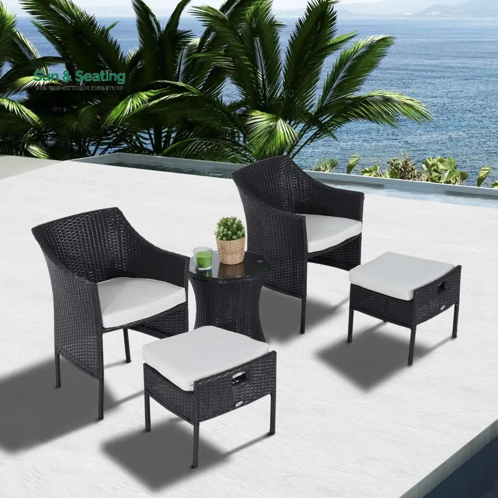 Bukka Outdoor Patio Seating Set 2 Chairs 2 Ottoman and Table Set (Black) Coffee Table Sets