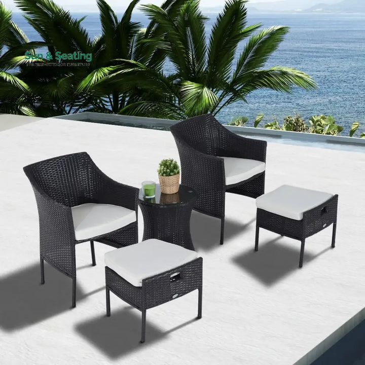 Bukka Outdoor Patio Seating Set 2 Chairs 2 Ottoman and Table Set (Black) Coffee Table Sets