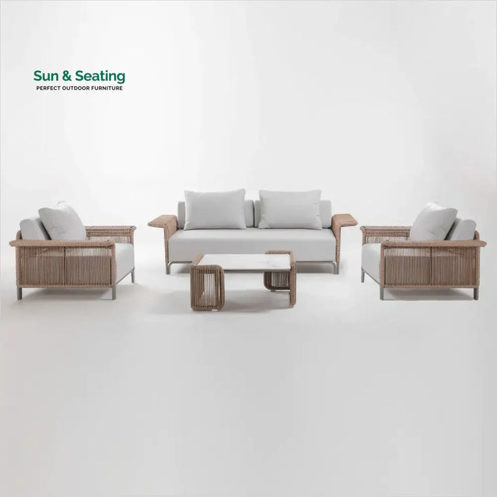 Buratti Outdoor Sofa Set 2 Seater 2 Single seater and 1 Center Table Braided &amp; Rope Beige Sofa Sets