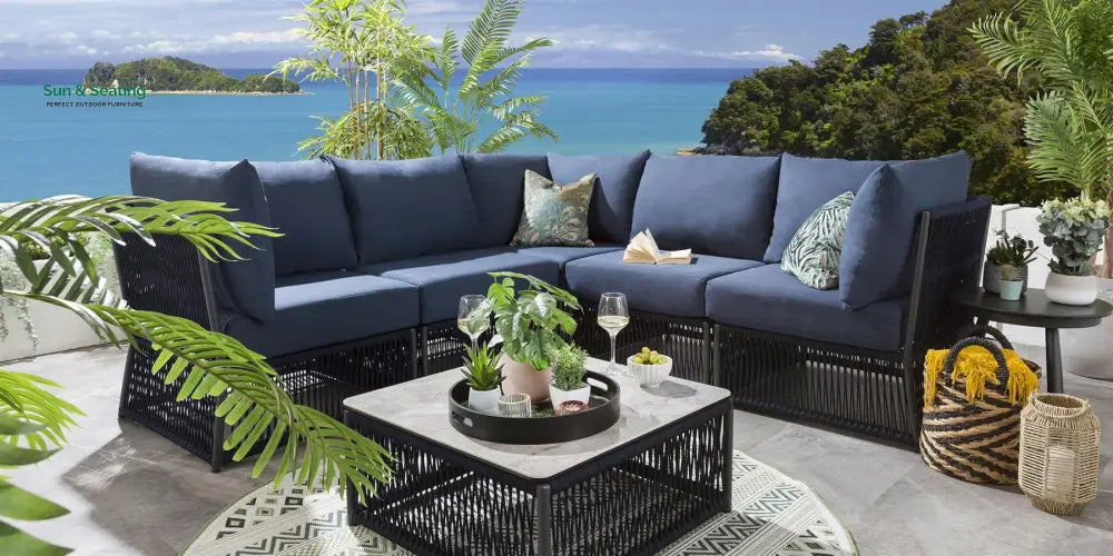 Bustillo Outdoor Sofa Set 5 Seater and 1 Center Table Set (Blue) Braided &amp; Rope Sofa Sets