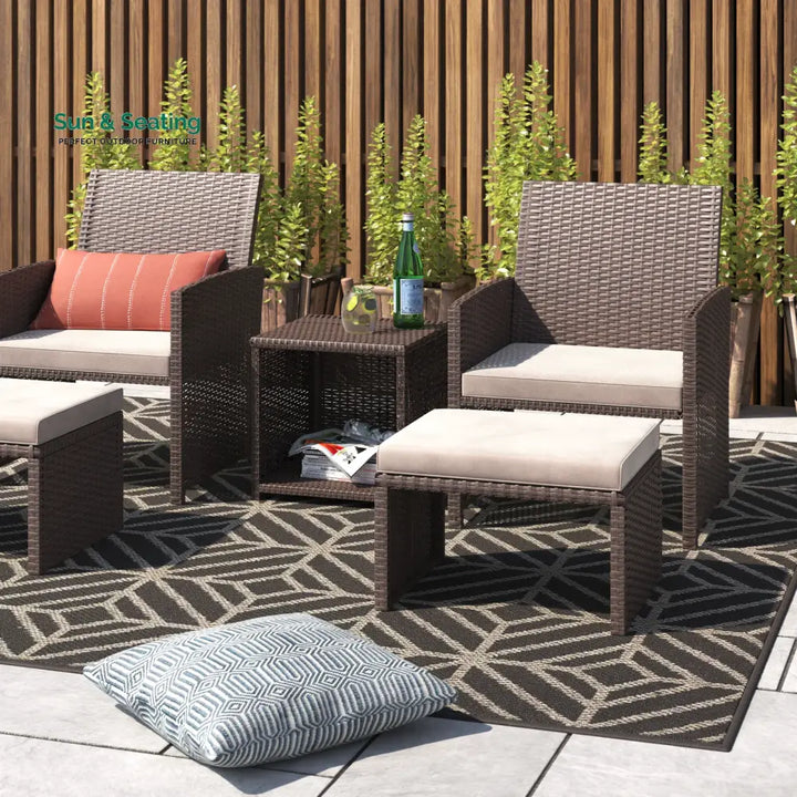 Calabresi Outdoor Sofa Set 2 Single seater 2 Ottoman and 1 Center Table (Brown + Beige) Outdoor Furniture Sets