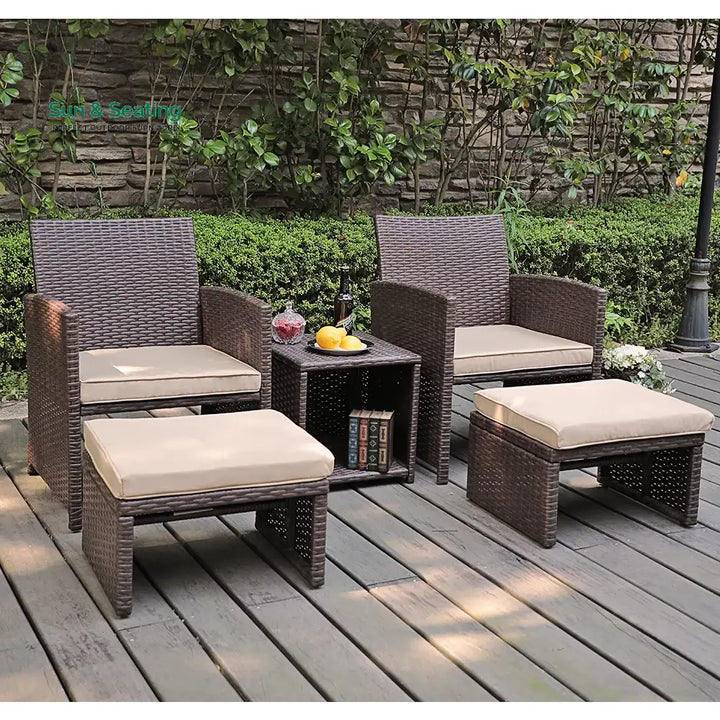 Calabresi Outdoor Sofa Set 2 Single seater 2 Ottoman and 1 Center Table (Brown + Beige) Outdoor Furniture Sets