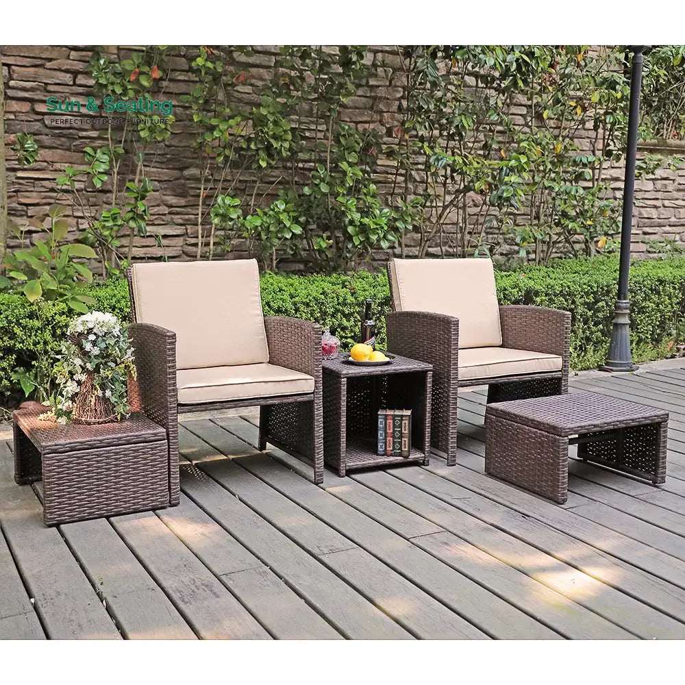 Calabresi Outdoor Sofa Set 2 Single seater 2 Ottoman and 1 Center Table (Brown + Beige) Outdoor Furniture Sets