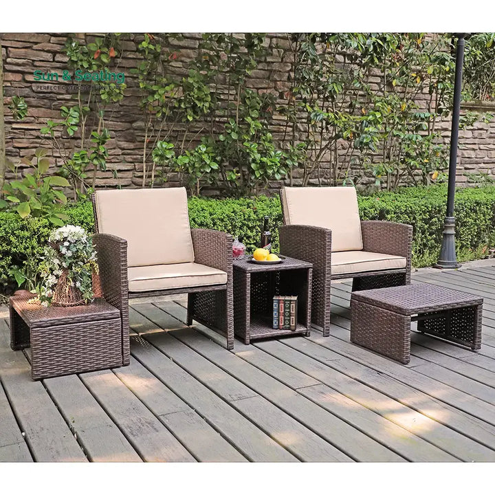 Calabresi Outdoor Sofa Set 2 Single seater 2 Ottoman and 1 Center Table (Brown + Beige) Outdoor Furniture Sets