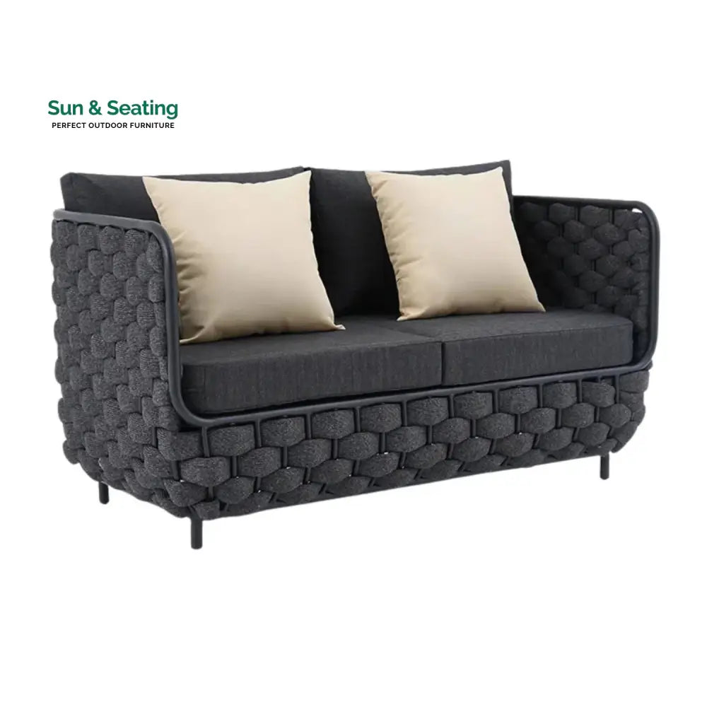 Camila 4 Piece Outdoor Rope Sofa Set with Glass Top Coffee Table (Black) Sofa Set