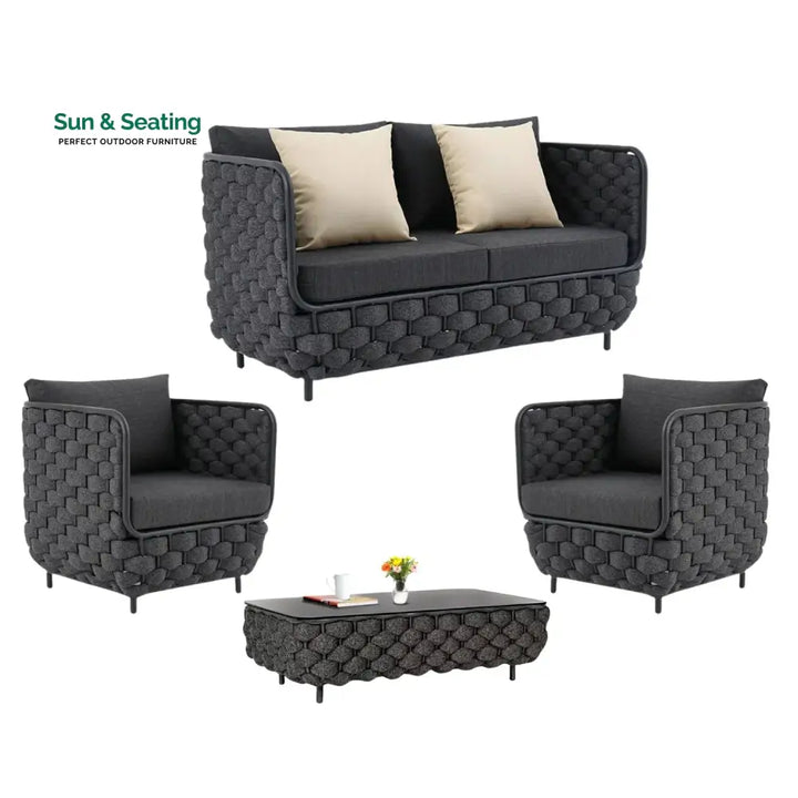 Camila 4 Piece Outdoor Rope Sofa Set with Glass Top Coffee Table (Black) Sofa Set