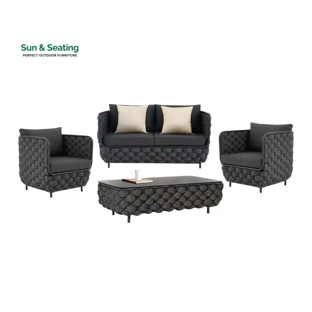 Camila 4 Piece Outdoor Rope Sofa Set with Glass Top Coffee Table (Black) Sofa Set