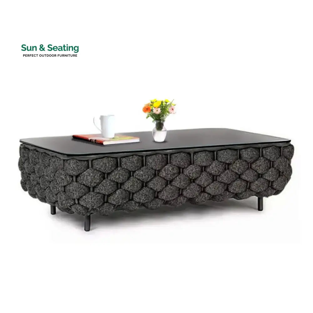 Camila 4 Piece Outdoor Rope Sofa Set with Glass Top Coffee Table (Black) Sofa Set