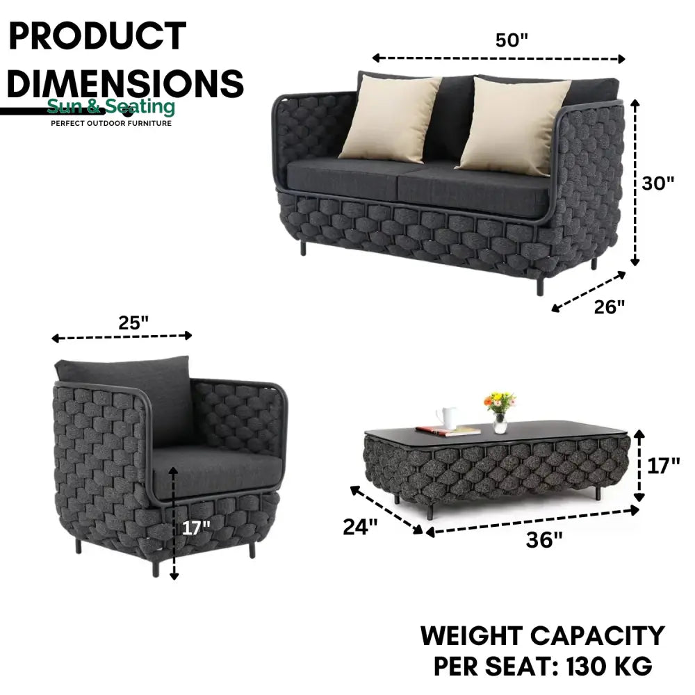 Camila 4 Piece Outdoor Rope Sofa Set with Glass Top Coffee Table (Black) Sofa Set