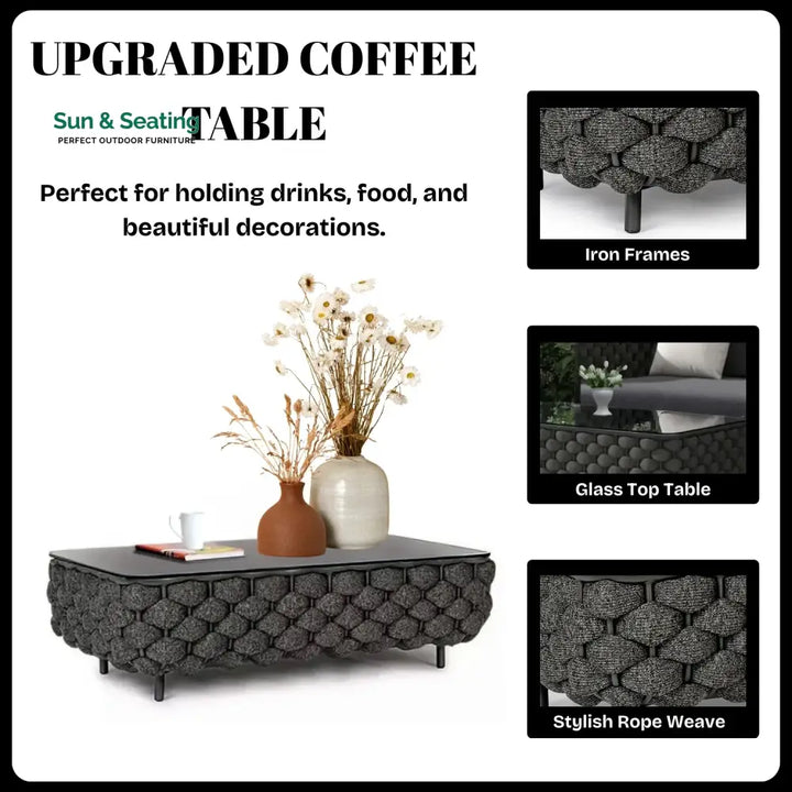 Camila 4 Piece Outdoor Rope Sofa Set with Glass Top Coffee Table (Black) Sofa Set
