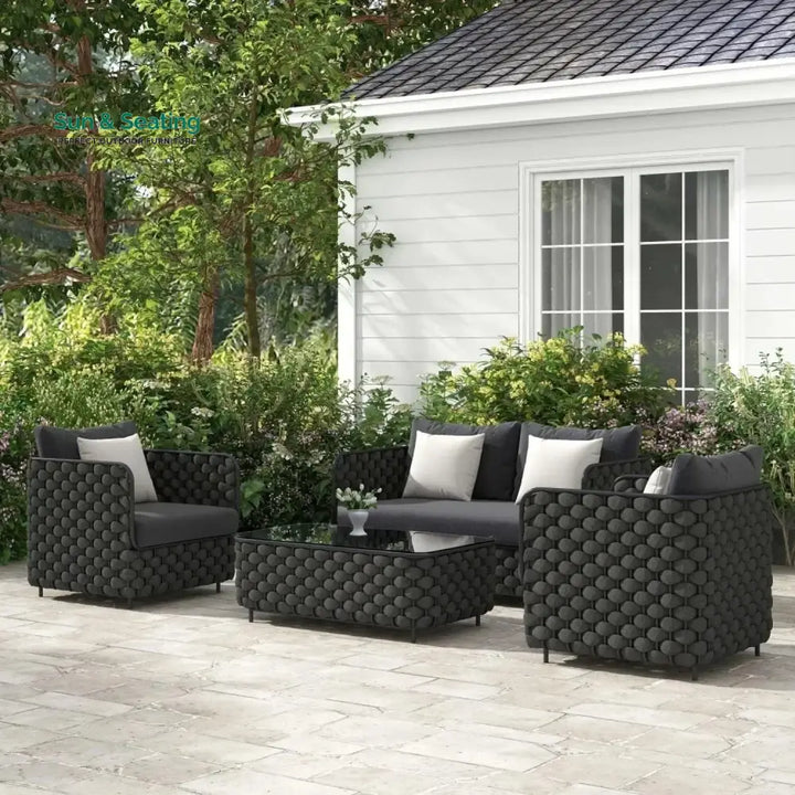 Camila 4 Piece Outdoor Rope Sofa Set with Glass Top Coffee Table (Black) Sofa Set