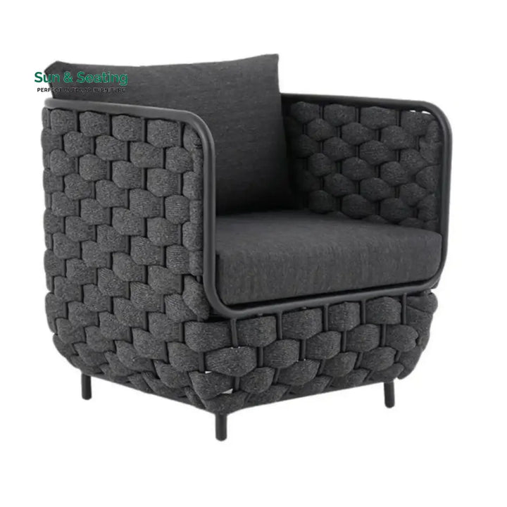 Camila 4 Piece Outdoor Rope Sofa Set with Glass Top Coffee Table (Black) Sofa Set