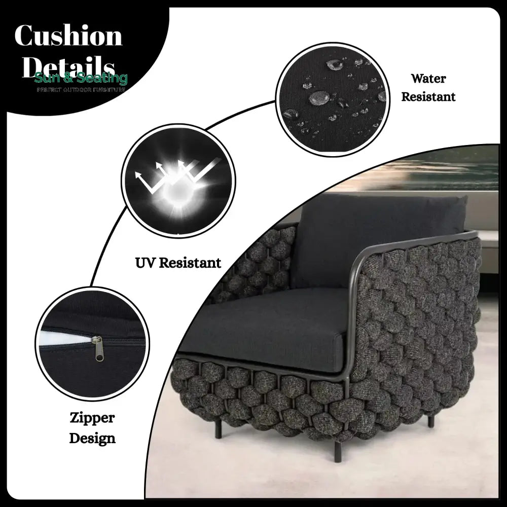Camila 4 Piece Outdoor Rope Sofa Set with Glass Top Coffee Table (Black) Sofa Set