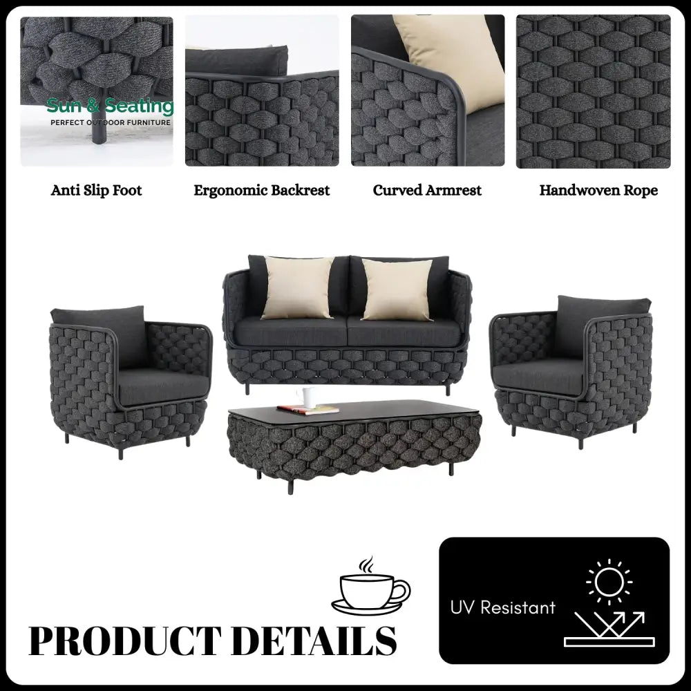 Camila 4 Piece Outdoor Rope Sofa Set with Glass Top Coffee Table (Black) Sofa Set